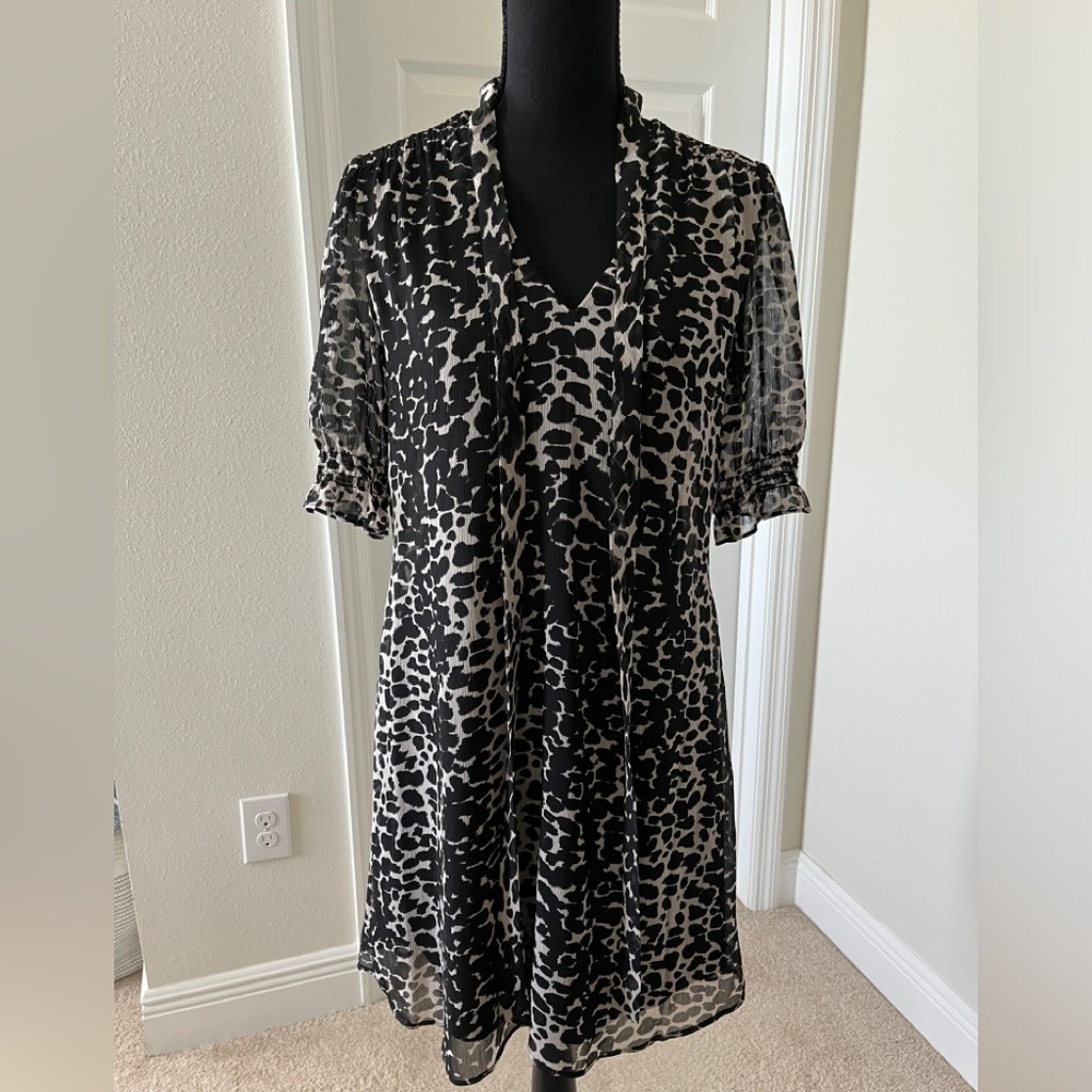 DKNY Black and Cream Printed Tie-Neck Dress